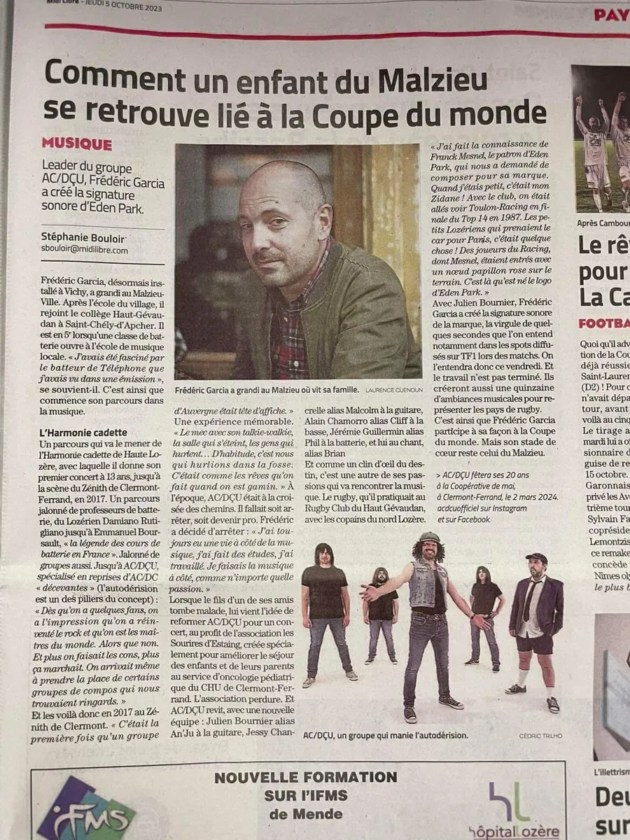 Page de journal Midi Libre avec portrait d'un homme en veste kaki et photo d'un groupe de rock