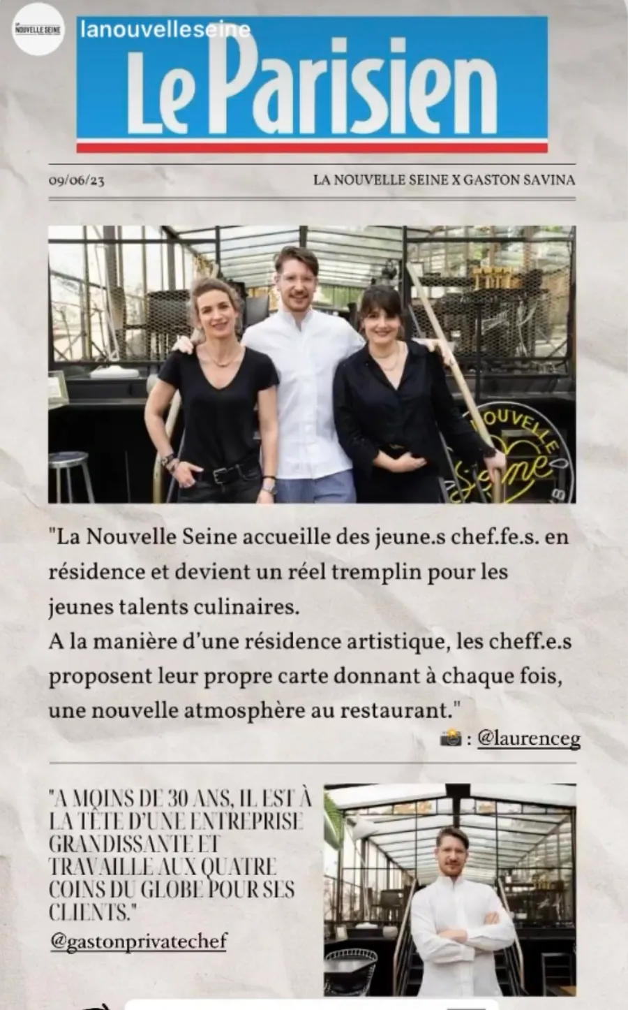 Publication Le Parisien : un chef en veste blanche entouré de deux femmes en noir dans un restaurant