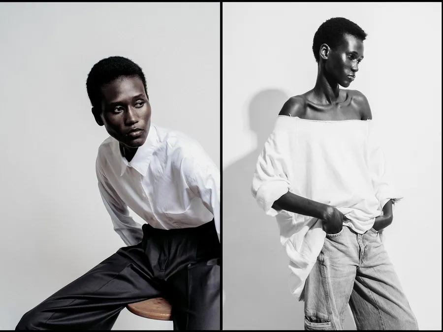 Diptyque noir et blanc : mannequin en chemise blanche et pantalon noir, puis en sweat blanc tombant et jean clair