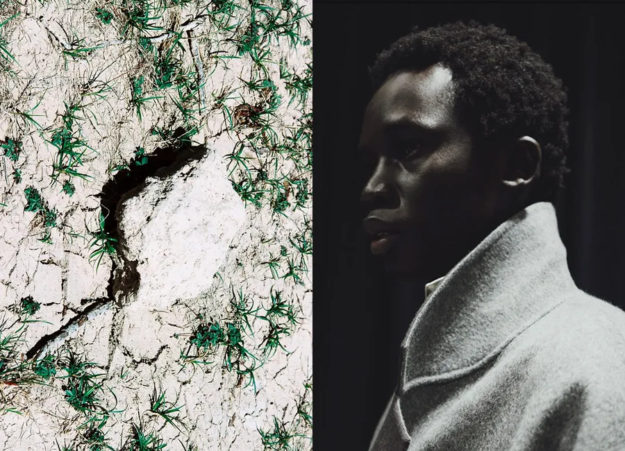 Diptyque : béton craquelé traversé d'herbe, et profil d'un homme en manteau clair sur fond noir