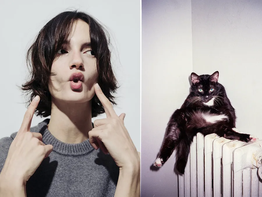 Diptyque : femme faisant la moue en désignant ses joues, et chat noir et blanc avachi sur un radiateur