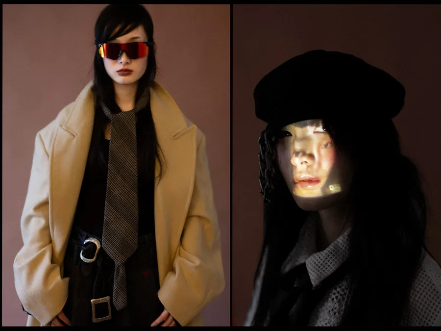 Diptyque : femme en manteau beige, cravate et lunettes masque rouges, puis visage strié d'un rai de lumière