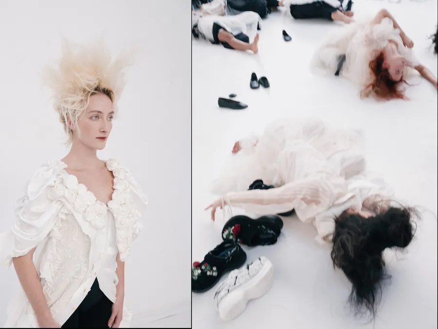 Diptyque : femme en chemisier blanc à roses et coiffure hérissée, puis mannequins allongés au sol en tulle clair