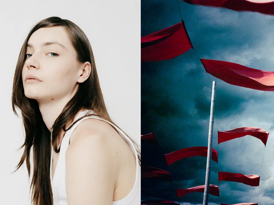 Diptyque : femme aux longs cheveux bruns en débardeur blanc, et fanions rouges sur ciel d'orage