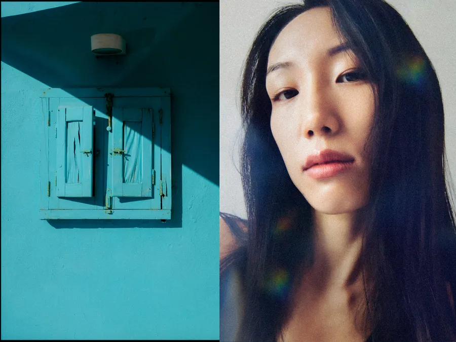 Diptyque : volets turquoise sur mur bleu en plein soleil, et portrait d'une femme aux cheveux noirs lisses