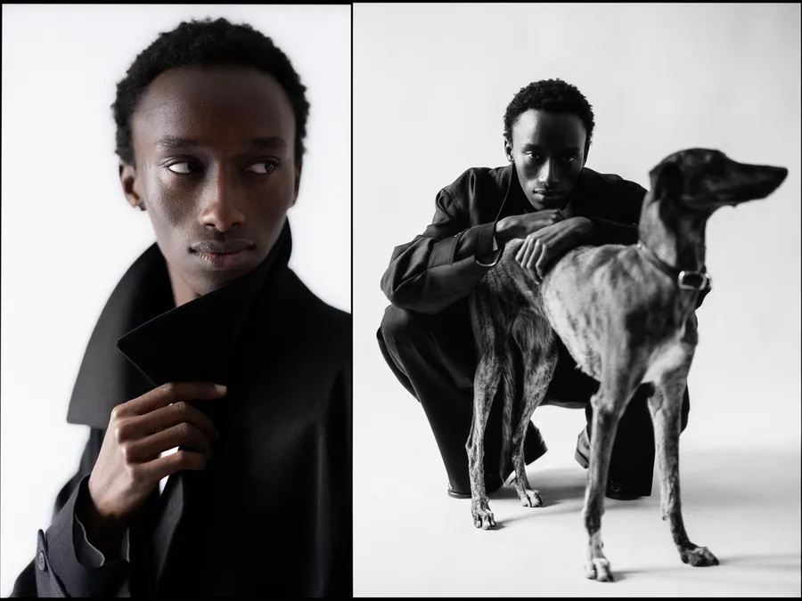 Diptyque noir et blanc : homme en manteau noir à col relevé, puis accroupi près d'un lévrier, fond blanc