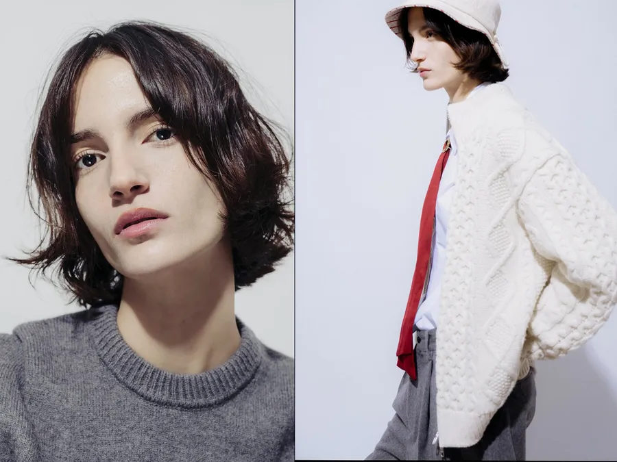 Diptyque : gros plan visage au carré brun et pull gris, puis silhouette de profil en gilet crème torsadé et bob