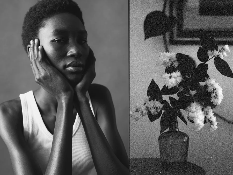 Diptyque noir et blanc : femme en débardeur, visage entre ses mains, et bouquet de fleurs dans un vase