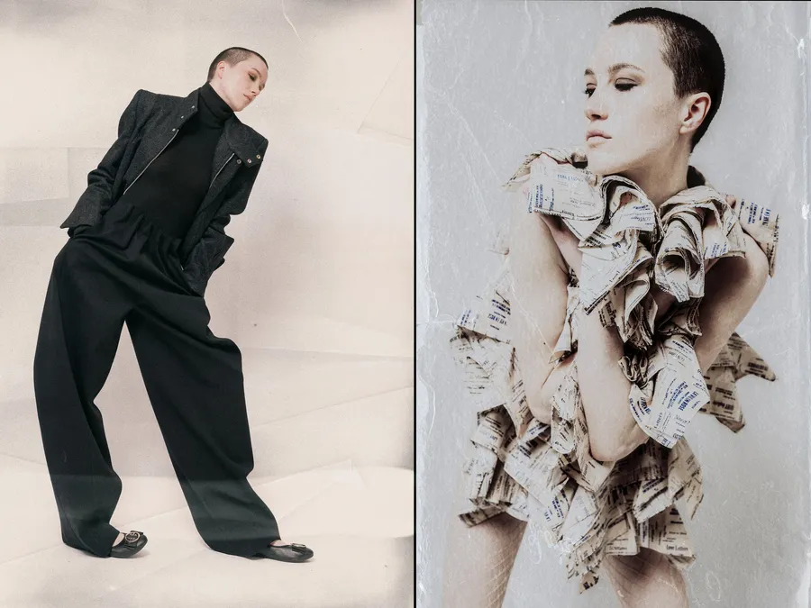 Diptyque : femme aux cheveux ras en pantalon noir large, puis drapée dans des bandes de papier imprimé