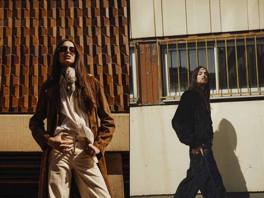 Diptyque : femme en manteau de daim brun et lunettes devant un mur de tuiles, puis en veste noire duveteuse