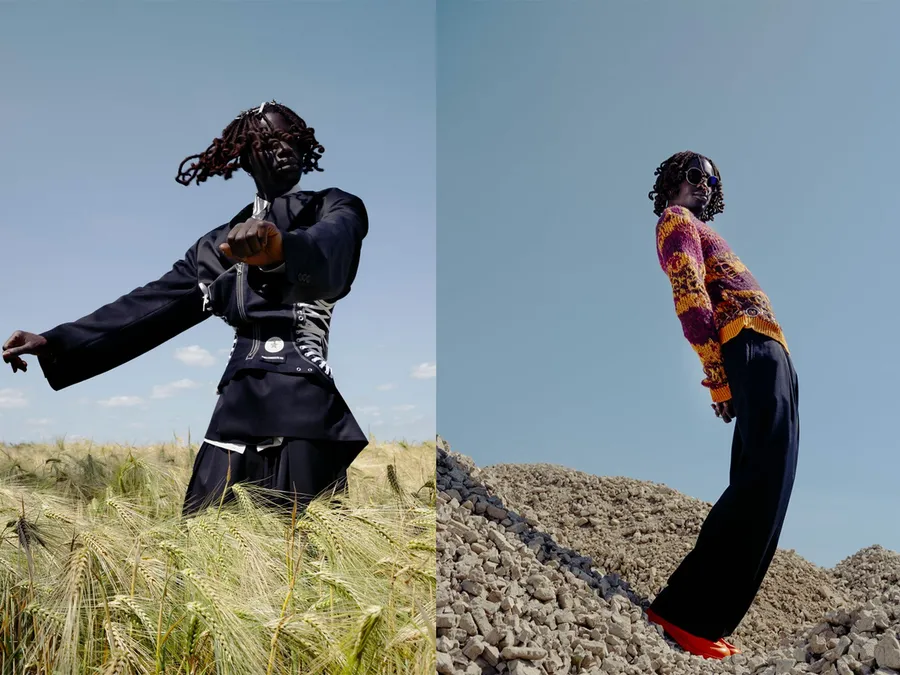 Diptyque : mannequin en veste noire lacée dans un champ de blé, puis en pull tricoté jaune et rose sur des gravats