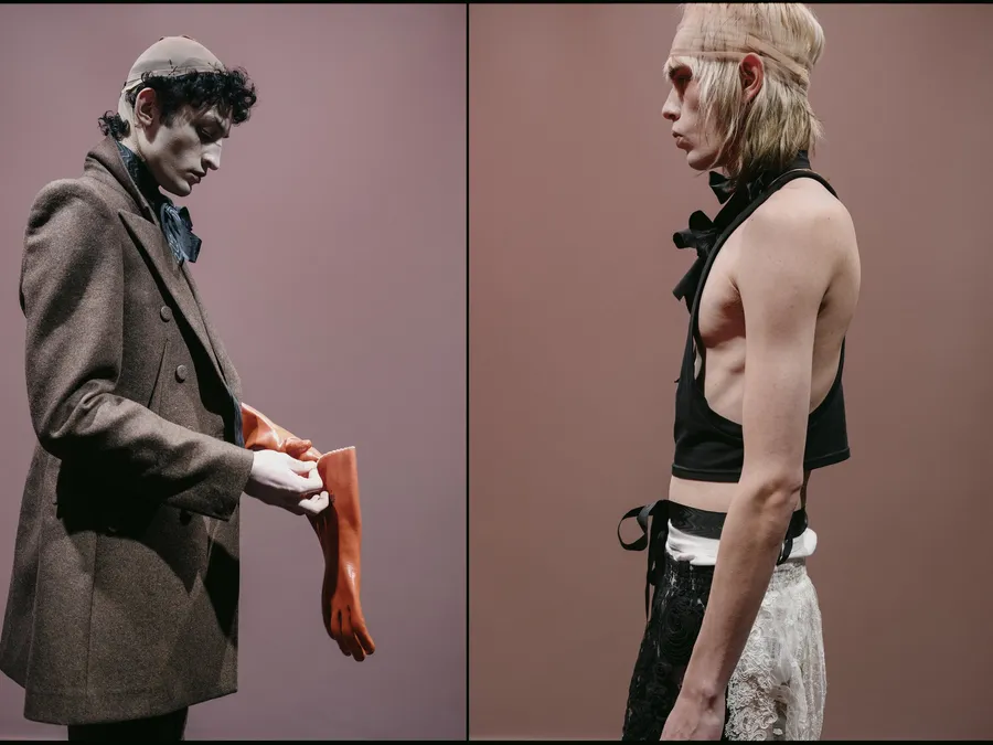 Diptyque : homme en veste de laine enfilant un gant orange, puis mannequin blond de profil en débardeur noir
