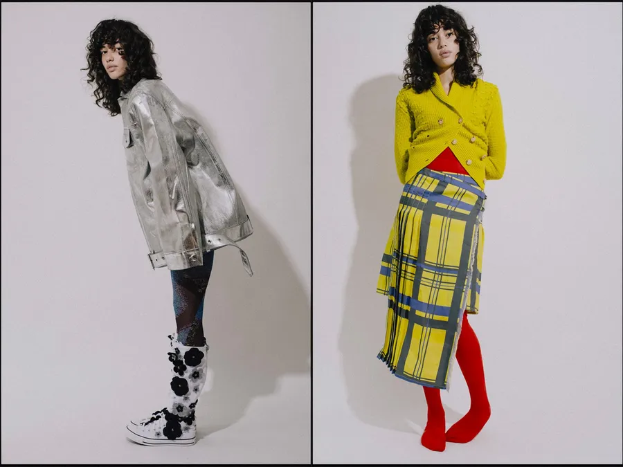 Diptyque : femme en veste argentée et baskets fleuries, puis en cardigan jaune, jupe à carreaux et collants rouges