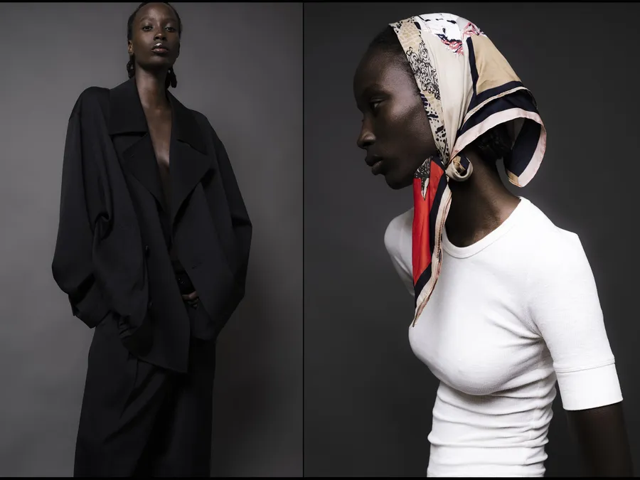 Diptyque : mannequin en manteau noir oversize sur fond gris, puis de profil en foulard imprimé et t-shirt blanc